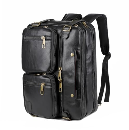 Men Vegan Leather Briefcase Backpack Hybrid 17 Inch Laptop Bag Case Business Messenger bag HB-22, Black, Laptop Backpack