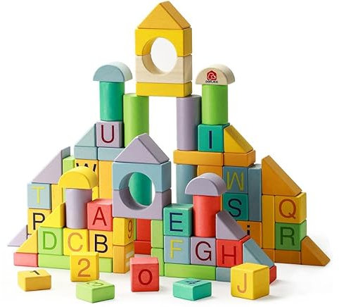 Dorjee - DT26013 - Natürliche Holzbausteine 84 Stück - in Einer praktischen Aufbewahrungsbox - für Kinder ab 12 Monaten.
