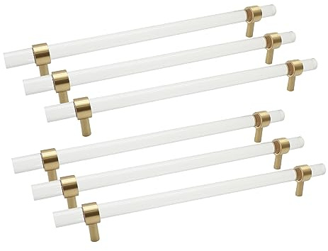 Savagrow 6Pcs Brushed Brass Acrylic Cabinet Pulls 9 Hole Center Household T-Bar Drawer Pulls Handles