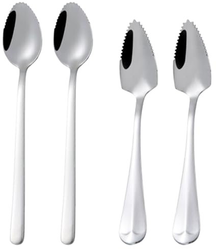 Pamtns 4 Pezzi Cucchiaino da Pompelmo in Acciaio Inox Cucchiaio da Frutta a Triangolo Cucchiaio da Dessert Raschietto con Bordo Seghettato per Mela Kiwi Mango Set di Utensili per Pompelmo Argento