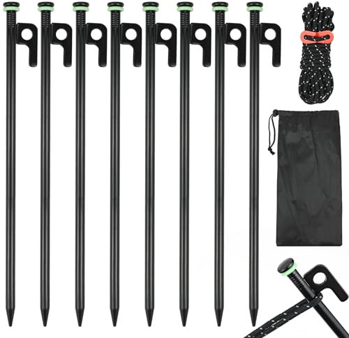 RAINPOP 8 Stück 30cm Zeltheringe Aus Stahl, Zeltheringe Heringe Camping Sturmsicher, Lange Robuste Zelt Erdnägel Für Camping Outdoor, Zeltnägel Stahl Heringe Mit Im Dunkeln Leuchten Ring und 4m Seil