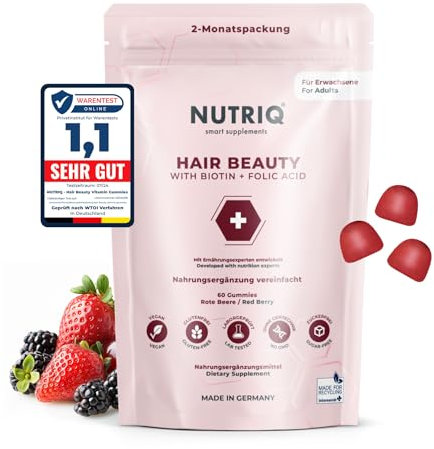 NUTRIQ Hochdosierte Haarvitamine für Frauen - Nahrungsergänzung Gummies mit Biotin Komplex, Vitaminen und Zink - vegan ohne Zucker - Shiny Hair Gummibärchen - Vitamine für gesunde Haare (Haarwachstum)