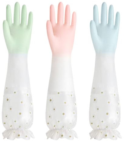 AOOPOO 3 Paires Gants de Ménage avec Doublure en Coton, Gants de Vaisselle en PVC Caoutchouc, Gants de Nettoyage de Cuisine Longues Réutilisables pour Laver la Vaisselle, Maison, Jardinage
