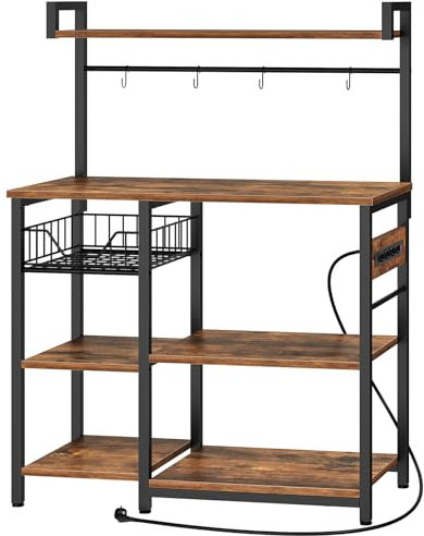 HOOBRO Küchenregal mit Steckdosen, Standregal für Küche, Regal, Mikrowellen-Ofenständer mit 4 S-Haken, 40 x 90 x 132 cm, rustikales Braun und Schwarz EBF05CHB01G1