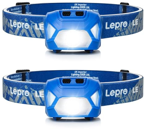 Lepro Torcia Frontale C500 (2 Pezzi), Lampada Frontale LED 1300Lux con 6 Modalità di Illuminazione, Leggera, IPX4, Torcia da Testa a Batteria AAA (non inclusa) per Campeggio, Corsa, Ciclismo, Blu