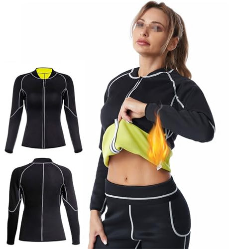 Weyot Sauna Shirt Für Damen, Neopren-Shirt Mit Reißverschluss, Workout-Oberteil Langarm Training Korsett Schwitzeffekt Fettverbrennung Bauchkontrolle Sauna Shapewear,3XL,Black