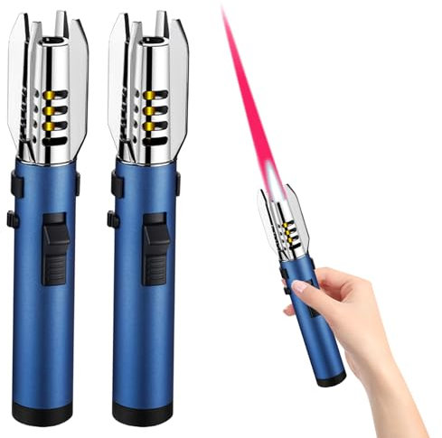 Jetflamme Feuerzeug Gas Nachfüllbar Sturmfeuerzeug: WIYETY 2 Stück Abschließbar Einstellbare Flamme Sturmfeuerzeug, Winddichtes Feuerzeug Gasfeuerzeug für Kamin, Grill, Feuerwerk (ohne Gas) (Blau)