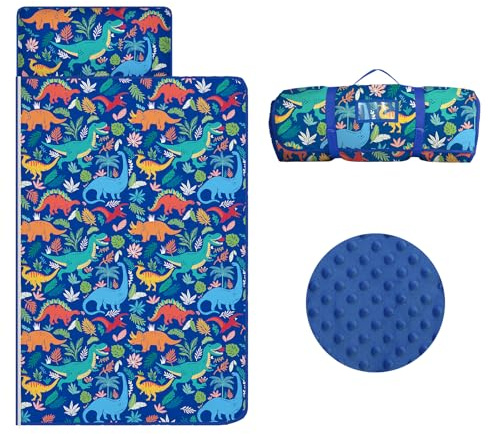 Tapis de Sieste pour Enfants avec Oreiller et Couverture Amovibles Sac de Couchage 2 en 1 Très Épais pour Garçons et Filles, Couverture de Sieste pour Crèche, Voyage et Camping (Dinosaure Bleu)