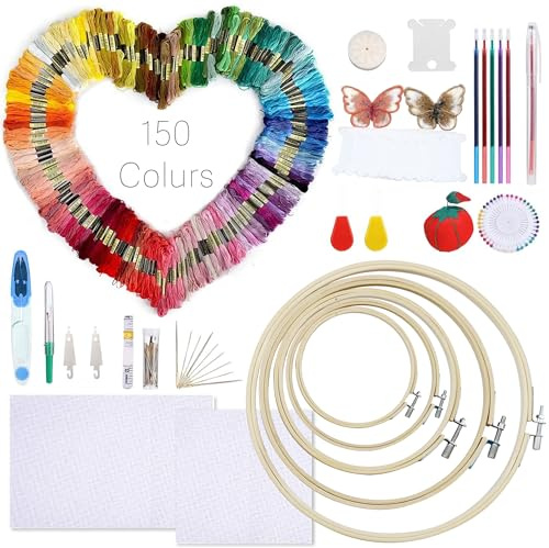 Auped 211 pz Kit Ricamo Completo con Filo (150 Colori), Aghi, Tessuti Aida + 5 Anelli Bambù - Punto Croce per Adulti, Bambini e Principianti - Pronto all'Uso‌