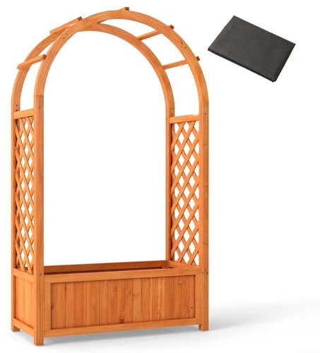 TANGZON Raised Garden Bed with Arch Trellis, Solid Wood Free Standing Elevated Planter Box with Drainage Holes & Protective Liner, Flower Pot Planing Container for Climbing Vines
