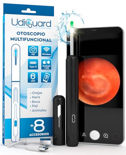 Otoscopio Limpiador de Oídos con Cámara 3,6mm 1920p WiFi Endoscopio de Oídos - UdiGuard Limpieza Cera Oídos Digital 6 Luces LED Adultos Niños Animales - Compatible con iPhone iPad y Android Negro