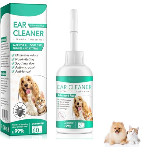 Rakiuty Lavado de Oídos para Perros,Limpiador de Oídos para Mascotas,Solución de Limpieza para Oídos Caninos,Dog and Cat Ear Cleaner,Dog Ear Ceaner,Eliminador de Cera,Suciedad y Mal Olor en,60ml