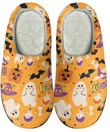 Pantofole per Halloween, da donna, in cotone, calde, per interni, per Halloween, Natale, inverno, calde, morbide, in peluche, retrò, in peluche, bianco, 46 EU