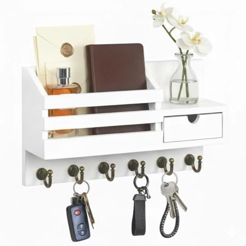 Ruikcoll Portachiavi da parete con ripiano e cassetto, portachiavi in legno con 6 ganci, mensola da parete per organizzare le chiavi per ingresso, corridoio, soggiorno o ufficio, bianco