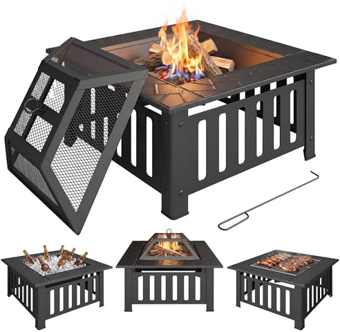 Outsunny Brasero Exterior de Acero Cuadrado, 67x67x47 cm, Brasero Exterior Jardín con Atizador, Tapa de Malla, para Terraza, Camping, Fiesta, Negro