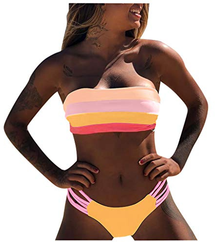 Xinaroue Costume da Bagno Donna Due Pezzi Fascia, Bikini Donna Brasiliana Push up con Top Bandeau Color Block, Costume Mare per Spiaggia Piscina Vacanze Estive