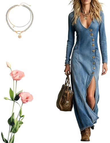 Ruhemeister Pro Robe Maxi à Manches Longues avec col en V for Femme, Robe en Jean midi d'été for Femme, Robe en Jean Sexy Maxi, élégante, Confortable et près du Corps.