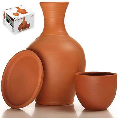 Terracotta Mud Jugs with Mug, Clay Water Pitcher with Cup, Earthen Water Carafe Set, Pottery Jar for Drinking Water, 76 oz