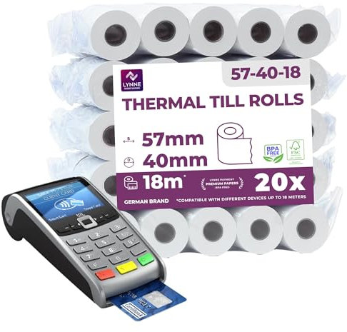 Ec-Cash Thermorollen 57mm x 18m x 12mm - Kassenrollen - Thermopapier - Bonrollen für Bankomat - Kredit-Kartenlesegeräte (57x40x12) (20 Rollen)