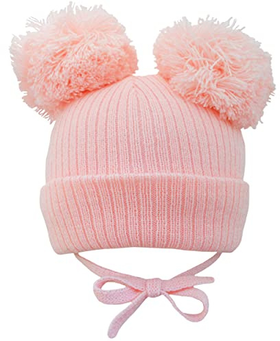 Faith & Sarah Kids Baby Beanie Hat - Unisex Boy Girl - Double Pom with Chin Ties - Fleece Lined - Knitted Bobble Cap Pink 0-3 Months