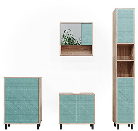 Vicco Ensemble de Meubles de Salle de Bain Agasta, Vert Menthe/Sonoma, 4 pièces, avec Armoire Haute