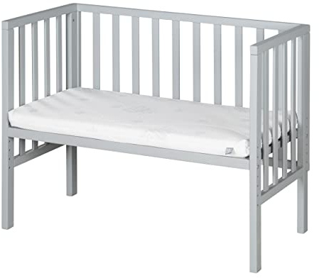 roba Cuna Colecho 2 en 1 con Colchón Safe Asleep 45 x 90 cm y Barrera - Madera Gris - Adecuada para Todas Las Alturas de Camas Parentales - Desde el Nacimiento - Convertible en Banco hasta 65 kg