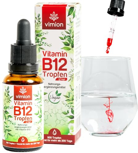 VIMION Vitamin B12 Tropfen - 30ml Premium Qualität - unterstützt den Energiestoffwechsel, reduziert Erschöpfung - 100% vegan & alkoholfrei - zwei bioaktive Formen: Methylcobalamin & Adenosylcobalamin