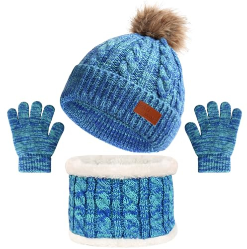 Kids Hat Scarf Gloves Set, Kids Winter Beanie Hat Scarf Gloves Set with Knit Thick Warm Fleece Lined for 3-6 Years Old