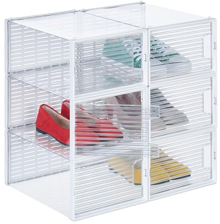 Relaxdays Schuhboxen 6er Set, Schuhorganizer, stapelbar, Schuhe bis Gr. 45, Lüftungsschlitze, faltbar, volltransparent