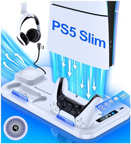 HELLCOOL Soporte para PS5 Slim con Ventilador, Base para PS5 Slim Edición Disco/Digital, PS5 Accesorios Todo en Uno con Estación de Carga para Mandos/Soporte para Auriculares/15 Ranuras de Juego