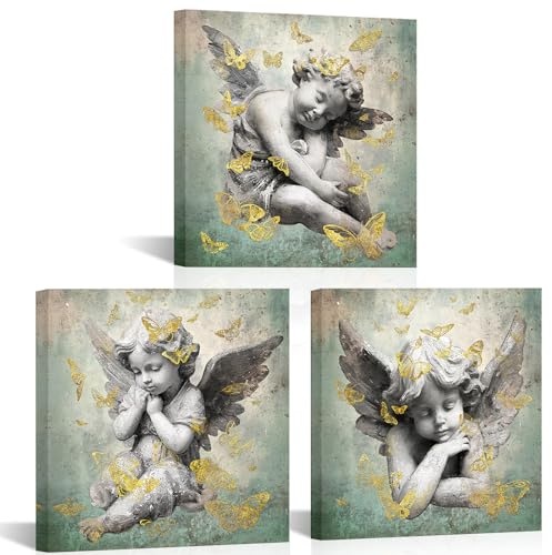 SkenoArt 3 Panel Vintage Angel Wall Art Grey and Green Angle Cherub Wing Wall Decor with Gold Butterfly Artwork for Baby Room Bedroom Living Room 12x12x3pcs