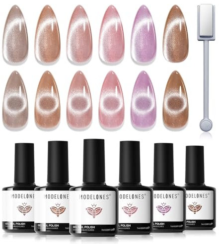 Modelones Cat Eye Gel Nail Polish Set, 6 Holographic Colors - Pink, Purple, Brown - Magnetic Gel Polish with Magnet Nail Art DIY Salon For Women
