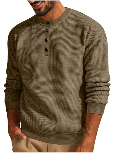 HAOLEI Mens Waffle Jumpers Clearance,Plain Crew Neck Sweatshirts Men Oversized No Hood Plain Knitted Autumn Winter Work Long Sleeve Loose Fit Festival Pullover Sweater Tops UK Plus Size S-3XL Brown