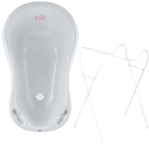 Hylat Baby Baignoire Bebe sur Pied et Bonde - Friends Gris - Certifié TÜV Rhénanie - Ergonomique et confortable pour nouveau-nés et bébés jusqu'à 12 mois - Collection Lite - Benoire pour Bébé Enfants