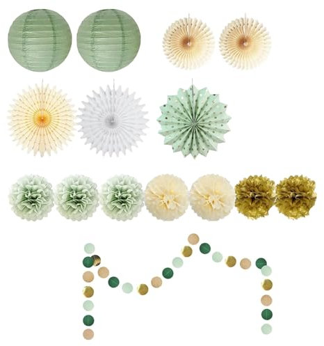Alriedy 15 Stück Pompons Deko, Geburtstagsdeko Grün, Partydeko Geburtstag, Party Deko Grün Petersilienhochzeit,wabenbälle Salbeigrün Papierlaternen Für Hochzeit, Babyparty, Brautparty .Faschingsdeko