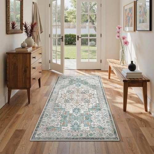 GENIMO Vintage Tappeto Salotto 80x150cm - Tappeto Passatoia Soggiorno Lavabile Antiscivolo, Resistente, Facile da Pulire, Boem Carpet Per Camera da Letto, Sala da Pranzo, Cucina - Vintage Verde Beige