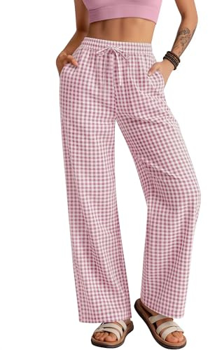 Neer Pantaloni da donna a quadretti a righe in cotone a quadri pigiama lounge boxer pantaloni con coulisse pantaloni a gamba larga con tasca, Medium