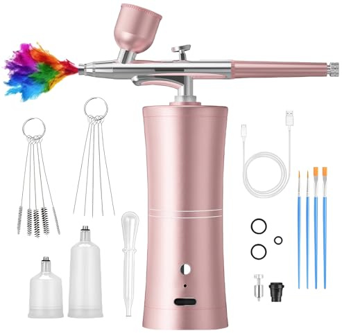 GOEDCH Juego de AirBrush con Compresor: Pistola de Aerógrafo Multifunción Portátil, Aerógrafo Recargable con Boquilla de 0.3mm y Carga para Arte en Uñas, Decoración de Tartas, Maquillaje, Pintura