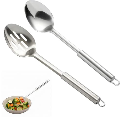 Slotted Spoon and Serving Spoon Set, Stainless Steel Cooking Spoons for Mixing and Serving, Dishwasher Safe Kitchen Utensils, 32 Cm Long Handle Gifts for Home