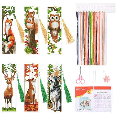 HICOHAND Lot de 6 marque-pages au point de croix, motif animaux de la forêt estampillés avec instructions (français non garanti), pompon, cadeau pour adultes, débutants, amateurs de livres