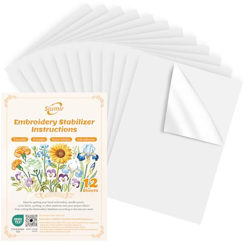Siumir 12 Pièces Stabilisateur de Broderie A4 29,7x21 cm, Papier de Tracé et Transfert Auto-adhésif Soluble dans l'Eau, Dos Transparent Dessinable Imprimable pour Broderie à la Main et Machine