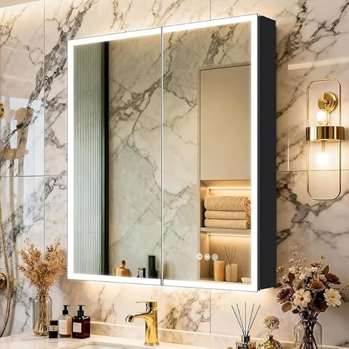 KAASUNES LED Mirror Cabinet with Light,Stepless Glass Shelf,3 Colors&Dimmer,Defogger,Internal light&USB Shaver Socket,Backlit&Frontal Lighting,61cm×76cm