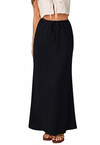 REORIA Maxi Skirt Women's Skirts High Waist A-line Pencil Skirt Elegant Long Midi Skirts with Elastic Waistband