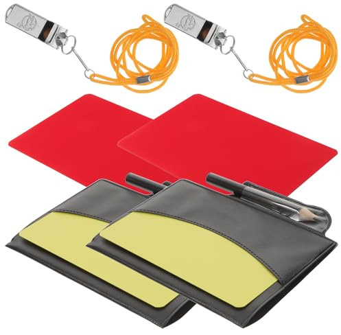 HEMOTON Kit de Árbitro de Fútbol 10 Piezas Tarjetas Rojas y Amarillas de PVC, Silbatos Metálicos, Bolígrafo y Libreta Plegable Portátil, Set Profesional para Registro y Estilo Aleatorio