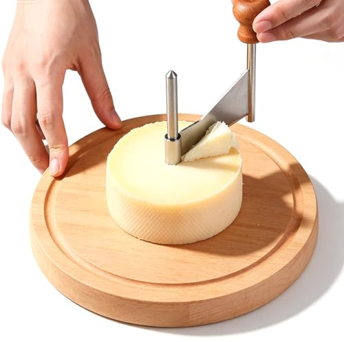 BYZESTY Affettaformaggio rotondo, diametro 22 cm, raschietto per formaggio in legno, manovella, tagliaformaggio con lama in acciaio inox, piatto girevole per cioccolato, per cucina e ristorante