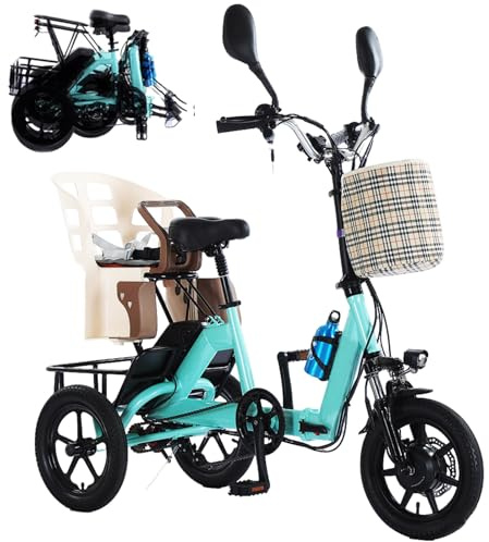 Elektrisk trehjuling för vuxna, vikbar, 14-tums taktcykeldäck, pedalstöd, lätt uppkörning, med bagagekorg, 30 kg lastkapacitet, lämplig för kroppsstorlekar från 155–180 cm, bl