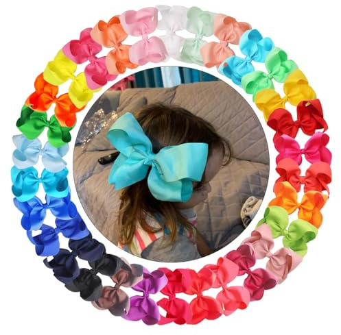 CÉLLOT 30Pcs Big 6 Inch Hair Bows for Girls Grosgrain Ribbon Bow Toddler Back to School Hair Accessories with Alligator Clips for Toddlers Schoolgirls Kids Teens