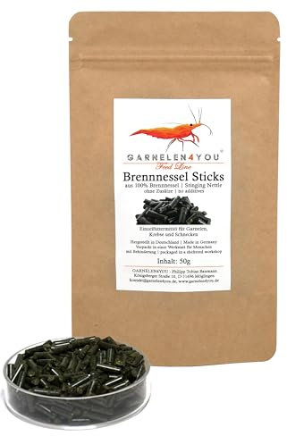 GARNELEN4YOU® Brennnessel Sticks – Premium Garnelenfutter aus 100% Brennnessel – pflanzliche Futter Pellets für Garnelen, Krebse & Schnecken – nachhaltige Verpackung – Made in Germany – 50 g