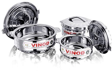 Vinod 3-Piece Insulated Casserole Food Warmer/Cooler Hot Pot Gift Set, 1000mL+1500mL+2500mL, Stainless Steel