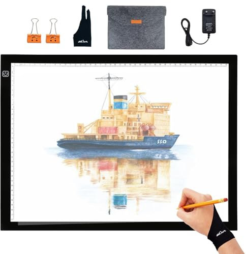 A3 Plus PRO Leuchttisch 12V LED Lichttisch Zeichnen Leuchtkasten Ultradünnes Tracing Licht Pad für Xray Artcraft Tattoo Aquarell Kopie Quilten Diamantmalerei mit Tasche/Clips/Handschuh und DC Adapter